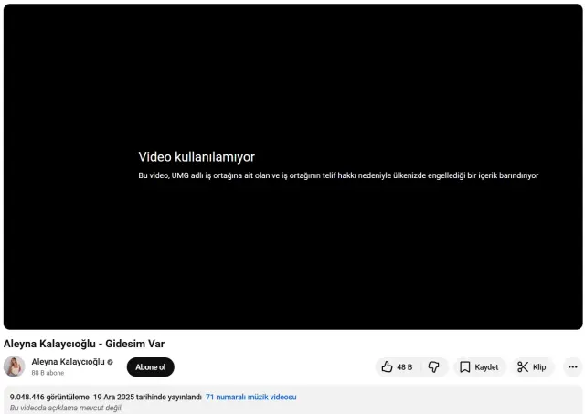 Aleyna Kalaycioglu Gidesim Var song blocked on YouTube